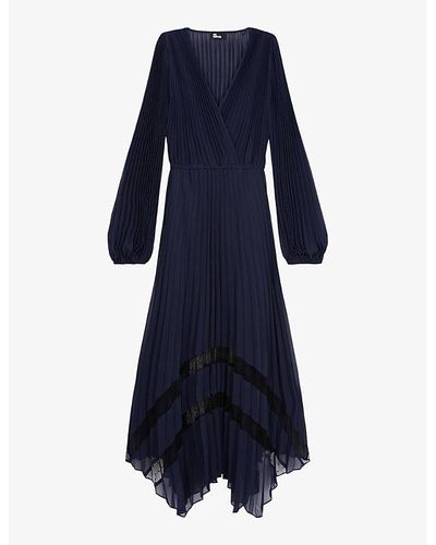 The Kooples Vy V-neck Asymmetric-hem Woven Midi Dress - Blue