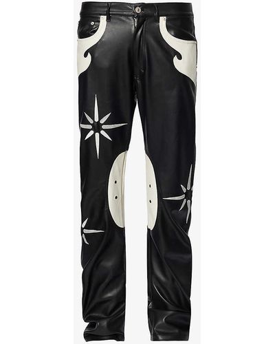 Kusikohc Flower Rider Contrast-panel Tapered-leg Faux-leather Trousers - Black