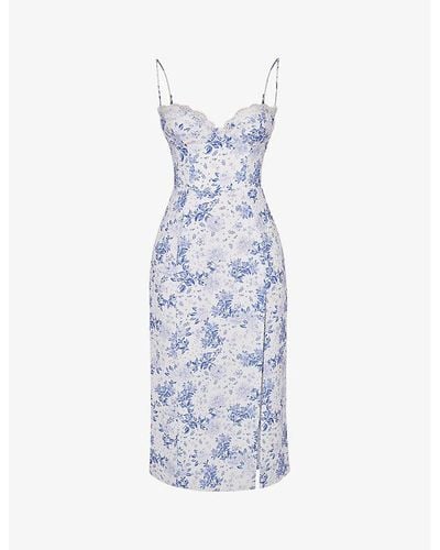 House Of Cb Charlotte Floral-print Fitted-corset Stretch-woven Midi Dress - White