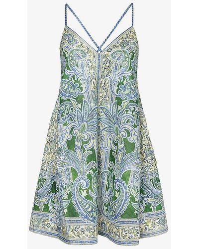 Zimmermann Ottie Paisley-print Linen Mini Dress - Blue