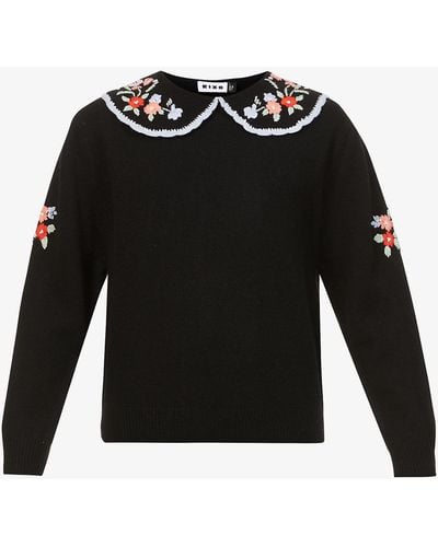 RIXO London Lula Floral-embroidered Wool Sweater - Black