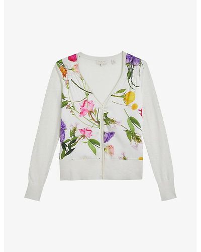 Ted Baker Chantri Floral-print Paneled Satin And Knitted Cardigan - White