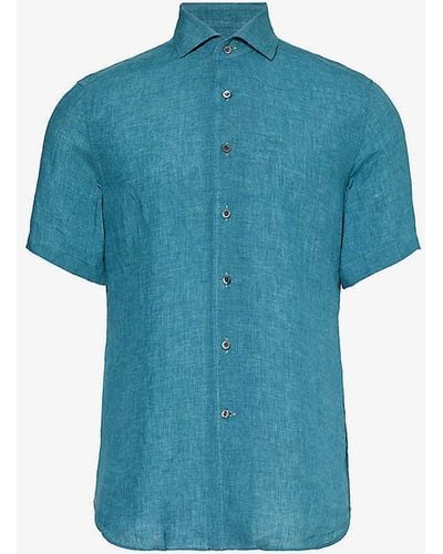 Corneliani Curved-hem Cutaway-collar Classic-fit Linen Shirt - Blue