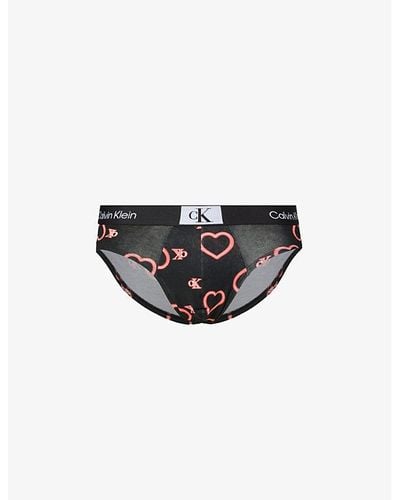 Calvin Klein Single Heart Print Branded-waistband Stretch-cotton Blend Briefs - Black