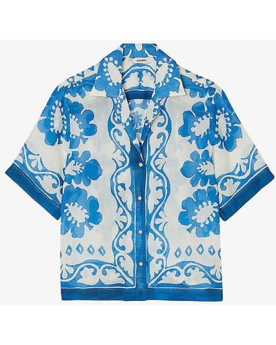Sandro Graphic-print Short-sleeved Woven Shirt - Blue