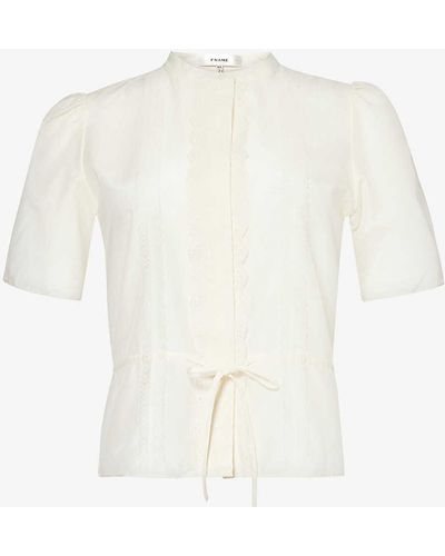 FRAME Cinched-waist Lace-trim Cotton-blend Blouse - White