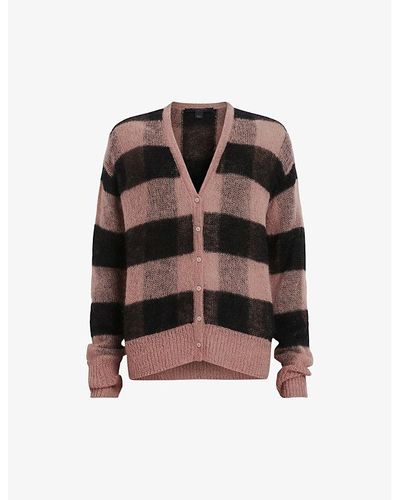 AllSaints Renee V-neck Checked Wool And Mohair-blend Cardigan - Black