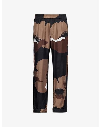 Valentino Floral-print Relaxed-fit Silk Trousers - Grey