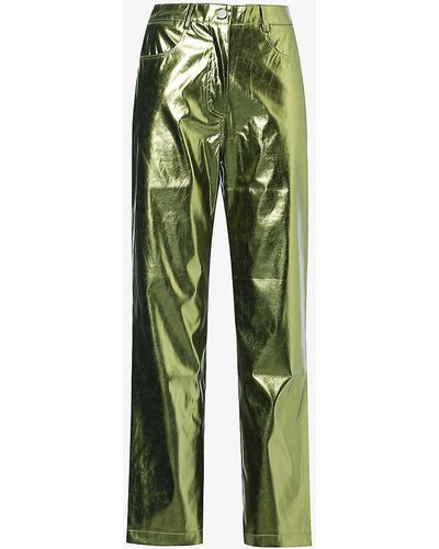 Amy Lynn Metallic Straight-leg High-rise Faux-leather Trousers - Green