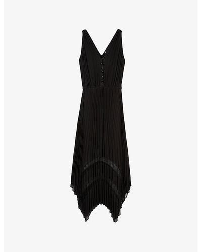 The Kooples Lace-embroidered V-neck Pleated Woven Midi Dress X - Black