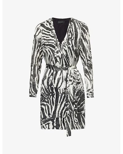 IKKS Zebra-print Long-sleeve Silk-blend Midi Dress - White