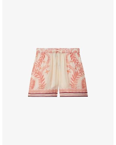 Reiss Chloe Fern-print Elasticated-waist Woven Shorts - Pink