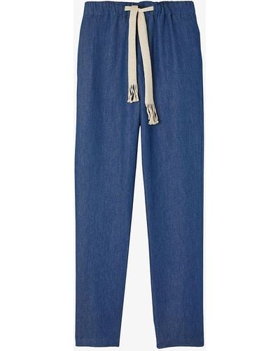 Sandro Chambray Braided-drawstring Regular-fit Wide-leg Cotton And Linen Blend Pants - Blue