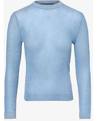 Gucci Logo-embroidered Semi-sheer Knitted Top - Blue