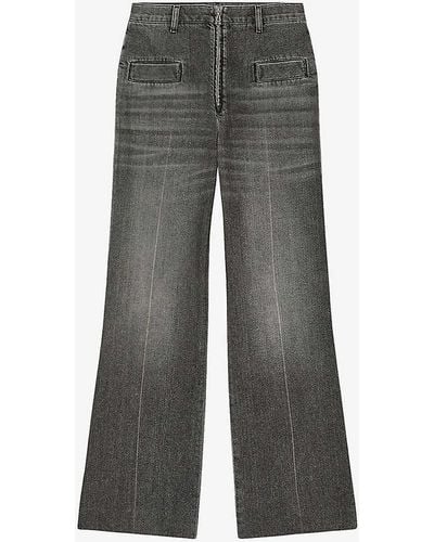 Sandro Logo-zip Flared-leg High-rise Denim Jeans - Grey