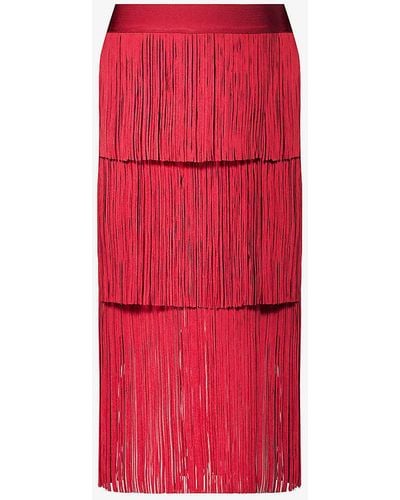 Hervé Léger Fringed Mid-rise Recycled Rayon-blend Knitted Midi Skirt - Red