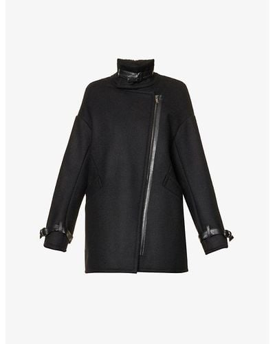 IKKS Asymmetric-zip Faux-leather Detail Woven Coat - Black