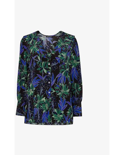 Whistles Floral-print Oversized-collar Silk Shirt - Blue