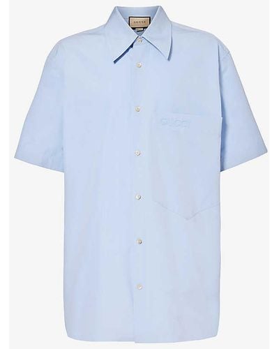 Gucci Patch-pocket Short-sleeve Relaxed-fit Cotton Shirt - Blue