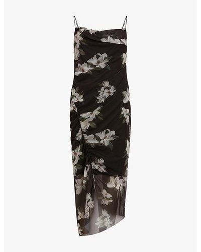 AllSaints Floral-print Strapless Stretch-woven Midi Dress - Black