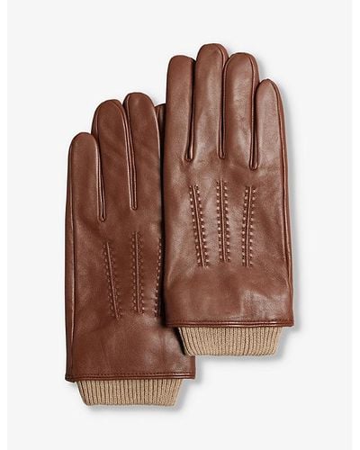 Ted Baker Ballat Logo-debossed Ribbed-cuff Leather Gloves - Brown