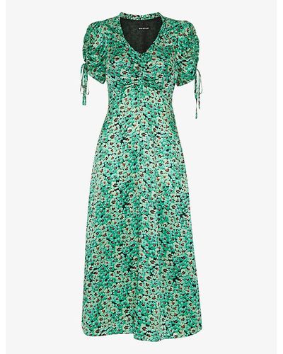 Whistles Pansy Meadow Floral-print Ruched-sleeve Satin Midi Dress - Green