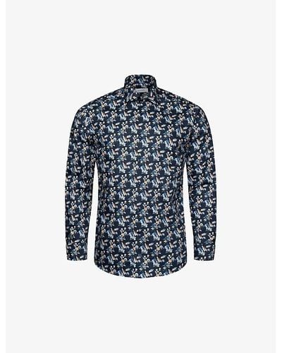 Eton Vy Blue Floral-print Slim-fit Cotton-twill Shirt