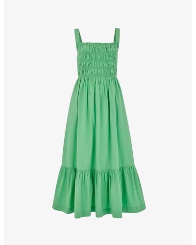 Whistles Greta Shirred-bodice Cotton Poplin Midi Dress 1 - Green