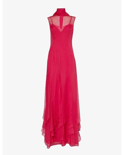 Alberta Ferretti Ruffled-panel V-neck Silk Maxi Dress - Pink