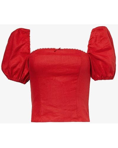 Reformation Marella Puff-sleeved Linen Top - Red