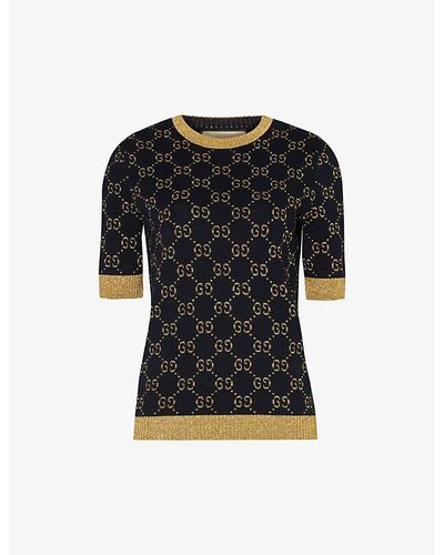 Gucci Monogram-pattern Ribbed-trim Cotton-blend Knitted Top - Black