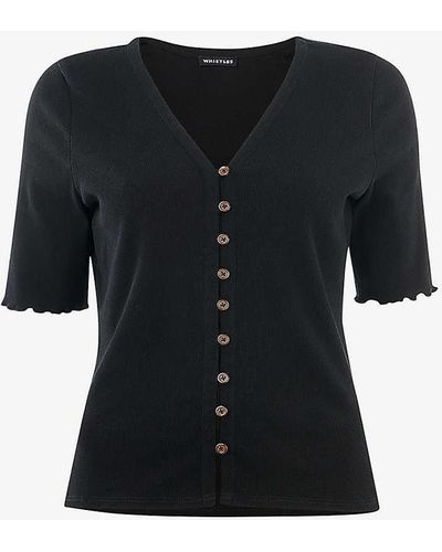 Whistles Frilled-trim V-neck Cotton-blend T-shirt - Black