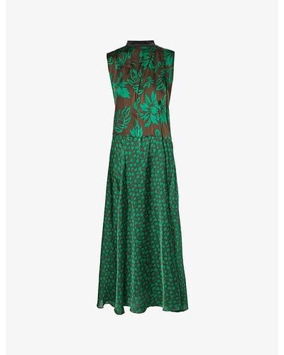 Sacai High-neck Floral-pattern Satin Maxi Dress X - Green