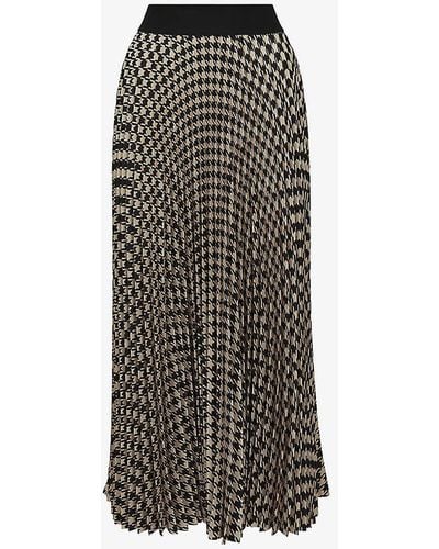 Reiss Elissia Dogtooth-pattern Pleated Woven Midi Skirt - Brown