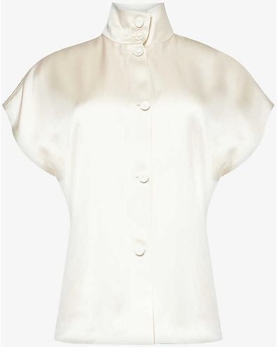 Another Tomorrow Mock-neck Sort-sleeve Satin Top - White