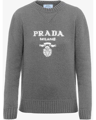 Prada Logo-intarsia Cashmere And Wool-blend Jumper - Grey