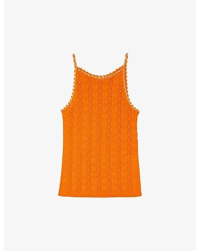 Sandro Bead-embellished Pointelle-stitch Knitted Top - Orange