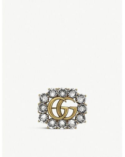 Gucci Double G Gold And Crystals Brooch - White