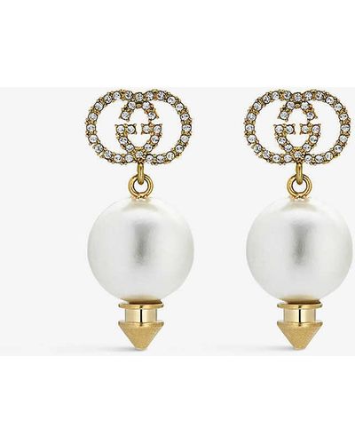 Gucci Interlocking-g Brass And Drop Pearl Earrings - White