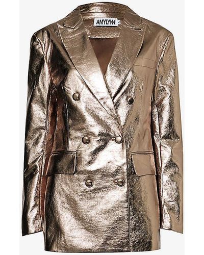 Amy Lynn Metallic Double-breasted Faux-leather Jacket - Grey