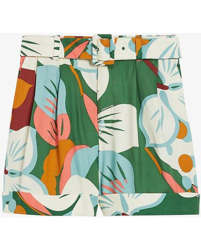 Ted Baker Floral-print Relaxed-fit Organic-cotton Shorts - Green