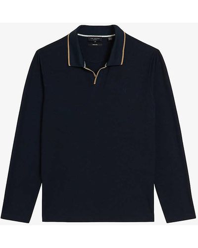 Ted Baker Maste Open-collar Knitted Polo Shirt - Blue