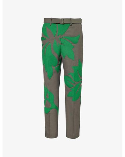 Sacai Leaf-embellished Tapered-leg Woven Pants - Green