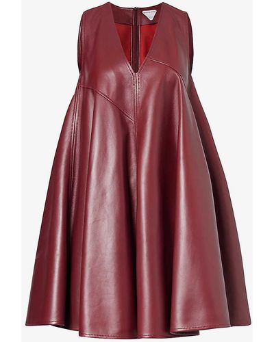 Bottega Veneta V-neck A-line Leather Mini Dress - Red