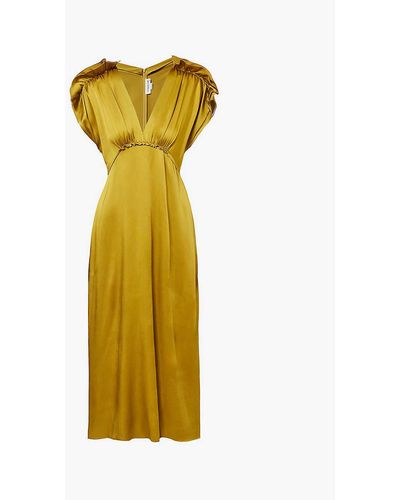 Victoria Beckham Frilled-panel Asymmetric-hem Woven-blend Midi Dress - Yellow
