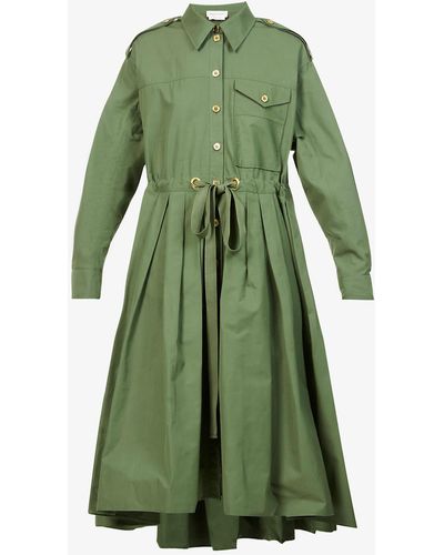 Alexander McQueen Curved-hem Drawstring-waist Cotton-poplin Midi Dress - Green