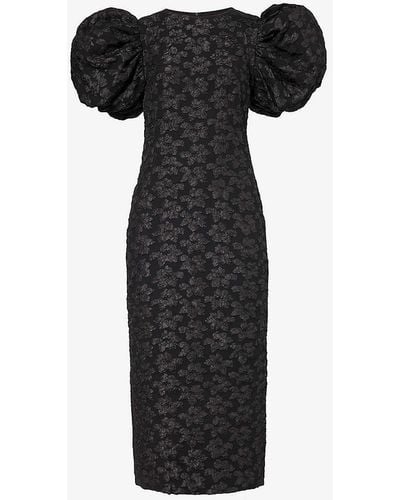 ROTATE BIRGER CHRISTENSEN Puffed-sleeve Jacquard-texture Recycled Polyester-blend Midi Dress - Black