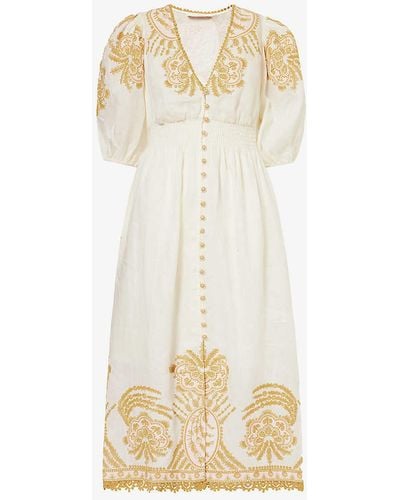 Zimmermann Waverly Floral-embroidered Linen Midi Dress - Natural