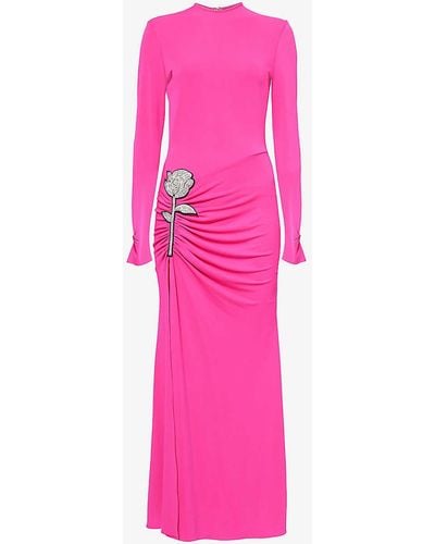David Koma Floral-embellished Slim-fit Stretch-jersey Maxi Dress - Pink