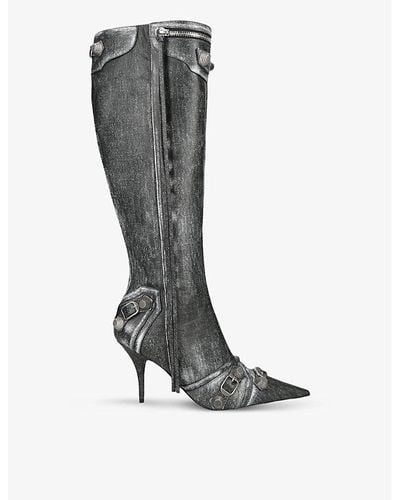 Balenciaga Cagole 90 Stud-embellished Denim Heeled Boots - Black